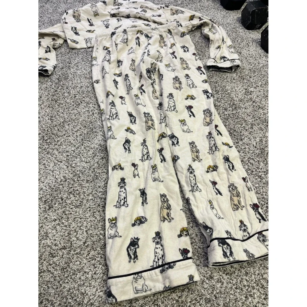 PJ Salvage Women Small Dog Print Flannel Pajama Set Cream Button Front‎ Long